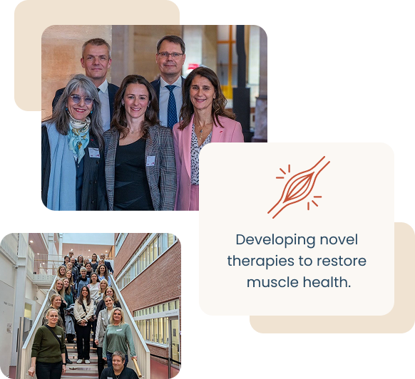 A collage showing various people in a building, accompanied by the words "Developing Novel Therapy: Tips to Restore Muscle Health."
